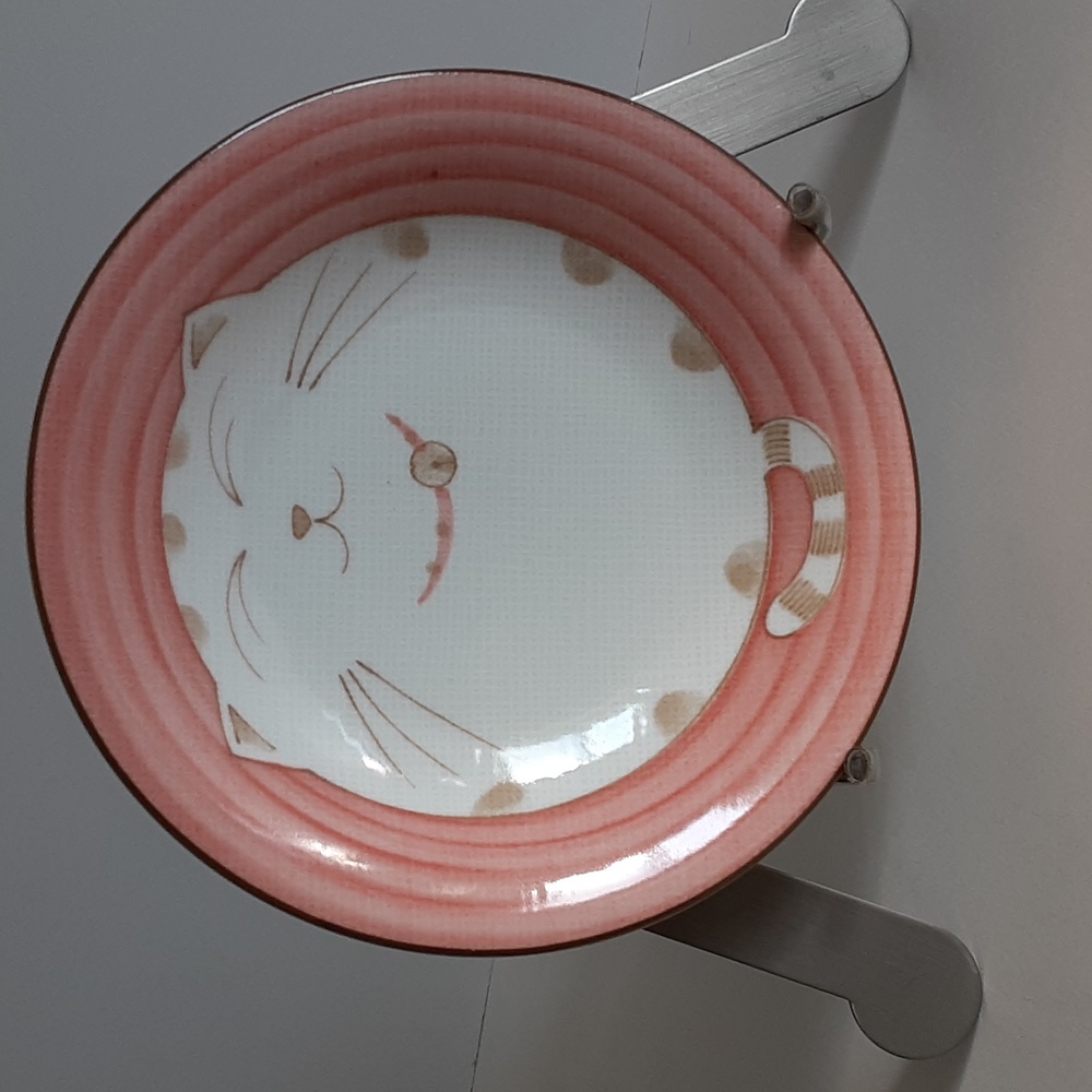 Kafuh Smiling Happy Fat Cat Kitty Pink Coral Rice Soup Bowl 6-3/8" x 1" Japan